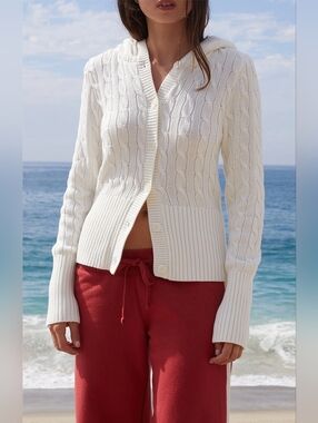 John Galt White Cable Knit Button Down Hooded Sweater